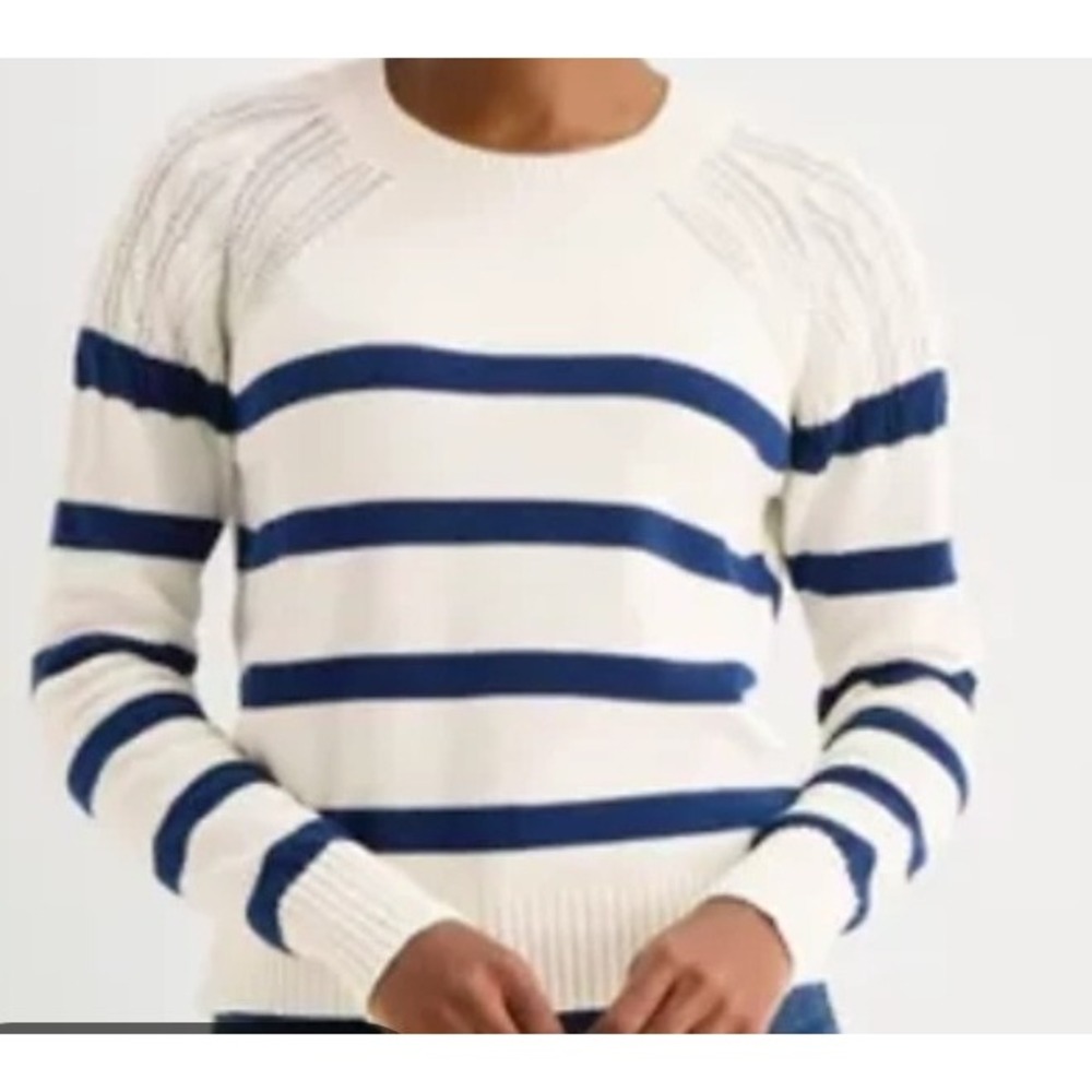 Women Navy White Nautical Striped Preppy Academia Fisherman Cable Knit Sweater M